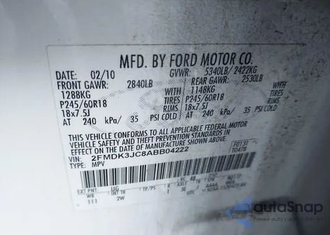 2010 Ford Edge Sel from USA, damaged, VIN 2FMDK3JC8ABB04222